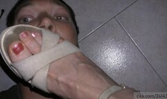 Sandals soles lick and worship under desk, femdom poses her shoes on the face