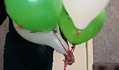 girl in pantyhose and dree play with hellium balloons