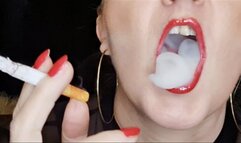 Intense Chainsmoke from 2 Marlboro Red 100s with short barking cough sequences and more