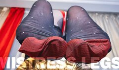 Foot tease in black nylons with white polka dots and red reinforced toes (4K MP4)