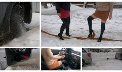 CUSTOM CLIP: Crazy tug of war with two sexy girls in high heel latex leather boots