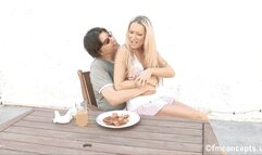 In The Back Of An SUV, Sits Blonde Babe Diana Doll Wearing A Pink Mini Skirt!