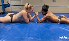 Part 1 Jolene Hexx vs Kirra Blaze in a topless competitive arm wrestling match