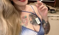 NEWPORT- Pregnant veteran smoker, giving love to her lungs - Deep inhalations, Double pumps, Double puffs, Smoke rings, Crush, Long denim dress, Red lipstick, Long blonde hair