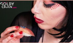 Giantess eating tiny men on sushi