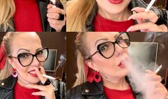 MARLBORO REDS 100S - Leather and Smoke - Mouth Inhales and open mouth exhales, Deep Inhales, Triple pumps, Multiple pumps, Nose exhales, Smoke rings, Crush, Genuine leather jacket, Vinyl boots, Red lipstick, Long nails