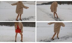 CUSTOM CLIP PREMIERE: Sexy Emily is slippering hard on the slippery icy road