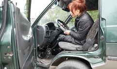 High-heeled beauty pedaling and driving a minibus car