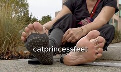 California feet, toeless toe socks flip flops, long legs, sexy smoking public milf foot show