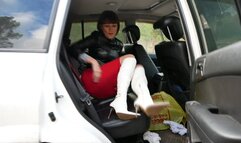 Pretty Milf in high heels, white boots walks through mud and woods