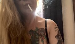 Winston 100s - Saying good morning to my black lungs - Deep Inhales, Double pumps, Dangling, Smoke rings, Long hair, Long nails, Bra and panties, no makeup, no production, natural light