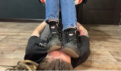 Slave's face as a footstool under dirty Vans, sweaty socks and bare feet