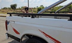 Milah Arches driving the uncle jesse truck on tight jeans and flip flops