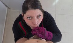Blowjob and handjob with pink wool gloves