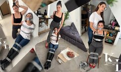 Luana & Simona: Bribes and Bondage (Duct Tape, High Heels, Boots, Watches, Crossed Hands, WrapGag, Mouth Stuffed, Chair Tied, Jeans, Dress Pants)