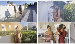 Brunettes in public, walking through the city