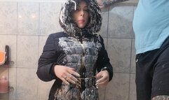food sploshing with winter jacket on then i wash my jacket in the shower