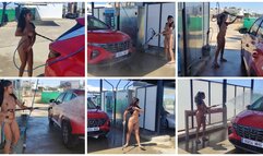 In public without clothes washing the car in gasoline