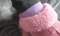 Pink Fuzzy slippers and purple socks - athletes foot and toes!