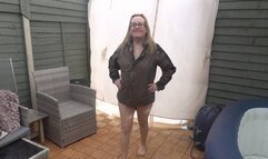 Flashing in the yard in Tan pantyhose and coat