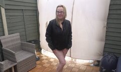 Nude in leather coat Flashing in the yard