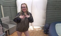 Naked outdoors in wellingtons and coat in the freezing cold Flashing tits and Ass