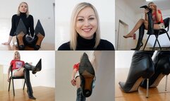 Beautiful long-legged girl in high stiletto heels crushes food