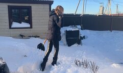 girl in ballet boots climbs a snowy mountain and falls off it many times