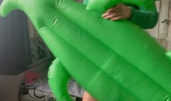 Girl deflate inflatable alligator