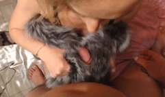 fur sleeves handjob, cum on coat