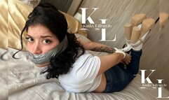 Simona Hogtied in White Socks & Tan Heels (Rope, Tight Jeans, White T shirt, Duct Tape WrapGag)