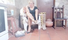 Crushing fruits with platform heels and low heels