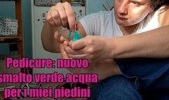 pedicure - toe arrangement and aqua green nail polish