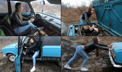 Nastya fails attempts to start old VAZ, then pushes the car