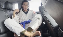 Car Jiu Jitsu Beatdown: Gi, Post Training, Karateka Feet, Seatbelt Fetish, Sweaty, Hair, Braids Removal, Long Black Curly Hair, Brazillian Jiu JItsu, Soles, Smelly My Feet
