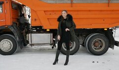 Tall long-legged beauty in high heels drives a big Soviet truck - pedal pumping