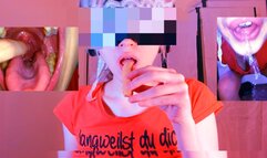 I VOMITED AFTER SWALLOWING A SAUSAGE WHOLE " girl touches her uvula, swallows a sausage without chewing and pukes it out