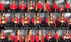 Smoking Marlboro Red in red leather jacket, red leather biker gloves black leather bra and black tight leather pants
