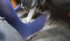 A very tall hottie in pantyhose drives an old powerful truck - pedal pumping