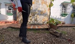 Kalinda is wearing her new hunting boots and smoking