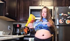 Liz River Belly Button Stuffing Challenge with Self Tickle, Food Stuffing, Messy, Stomach, Crop Top, Thong, Long Hair,