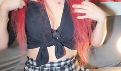 Chainsmoking girl in socks, pigtails and school clothes - lips gloss