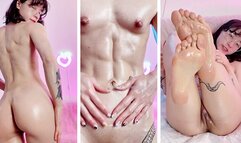 Cute and fit nerdy Asian girl oils her body and feet and flexes her muscles
