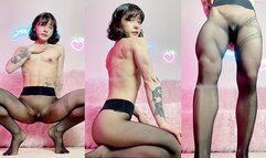 Petite Asian muscle girl shows off her body in sheer pantyhose with no panties