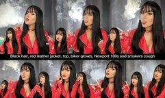 Black hair, red leather jacket, biker gloves, top, Newport 100s and smokers cough - Close up smoking and filling the room with smoke