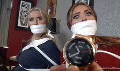Charley & Brook in: Prolonged Jumbo Cloth Gag Stiflings for Extra-Bratty Warm-Up Chicks as Paranoid Burglar Rips Through the House!