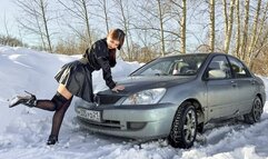 CAR STUCK Worn out tires and snow - Ellie stuck in a short dress