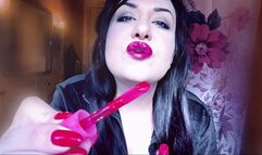 Putting lipstick on sissy role-play