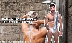 Hairy muscular jock takes a hot shower