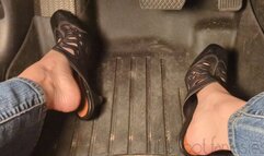Fifi pedal pumping in slip on leather mules sandals and blue jeans